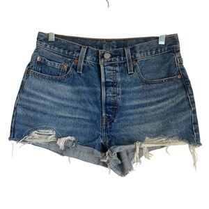 Levi's 501 Mini Shorts Women 28 Blue Distressed Cut Off  Fringe Button 5-Pocket